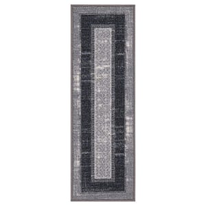 Ottohome Gray/Black Non-Slip Rubberback Bordered Design 8.5 in. x 26 in. Indoor Stair Tread Covers (Set of 7)