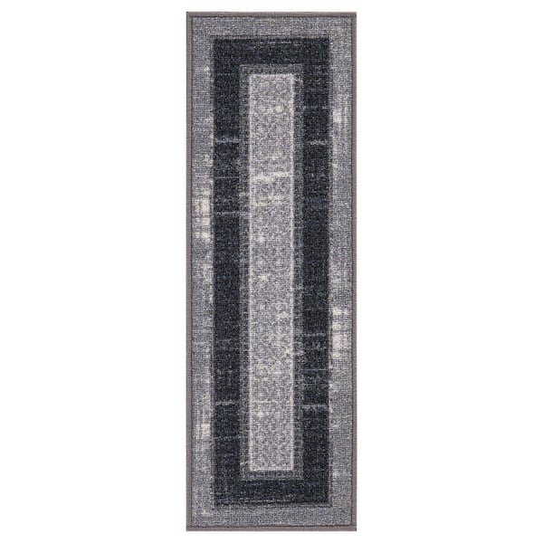 Ottomanson Ottohome Gray/Black Non-Slip Rubberback Bordered Design 8.5 in. x 26 in. Indoor Stair Tread Covers (Set of 7)