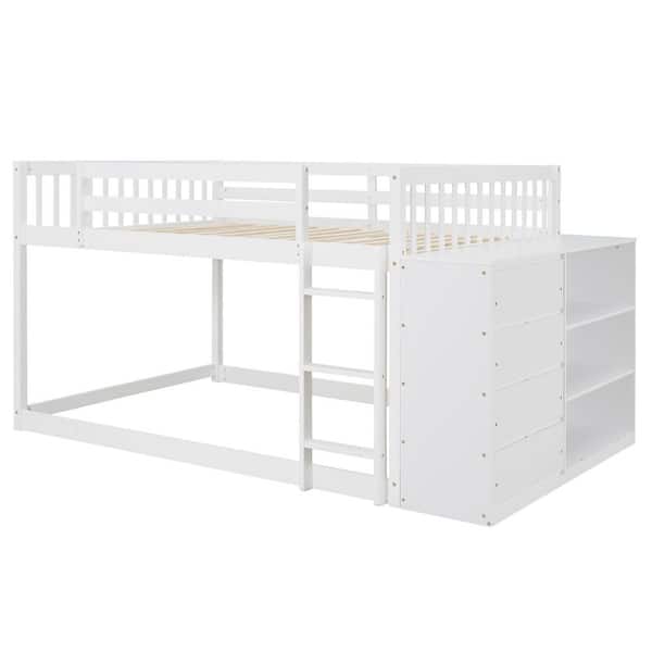 ANBAZAR White Full Over Full Wood Bunk Bed Frame with Storage Cabinet ...
