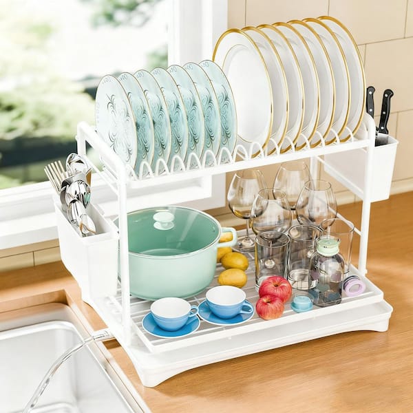Basic Series, 2-Tier Large Capacity Metal Dish Rack, Storage Rack with Cutlery Holder, in White