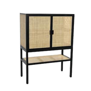 Woven Rattan and Pine Wood Cabinet with 3-Shelves and 2-Doors in Black
