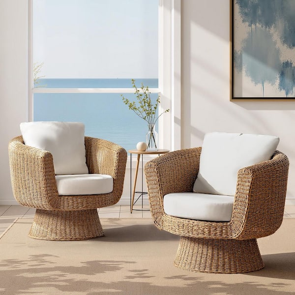 Malia Natural Rattan Swivel Chair with Metal Frame (Set of 2)