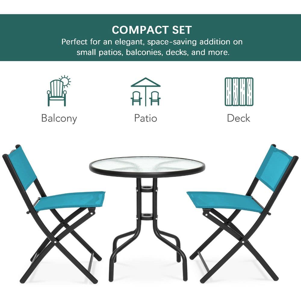 Peacock Blue 3-Piece Patio Bistro Set with Glass Tabletop