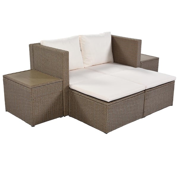 Unbranded 6-Piece Wicker Outdoor Sectional Set, PE Wicker Rattan Sectional Sofa Set with 2 Tea Tables, Beige Cushions