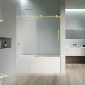 Lazaro 60 in. W x 58 in. H Sliding Frameless Tub Door in Brushed Gold Finish with Clear Glass