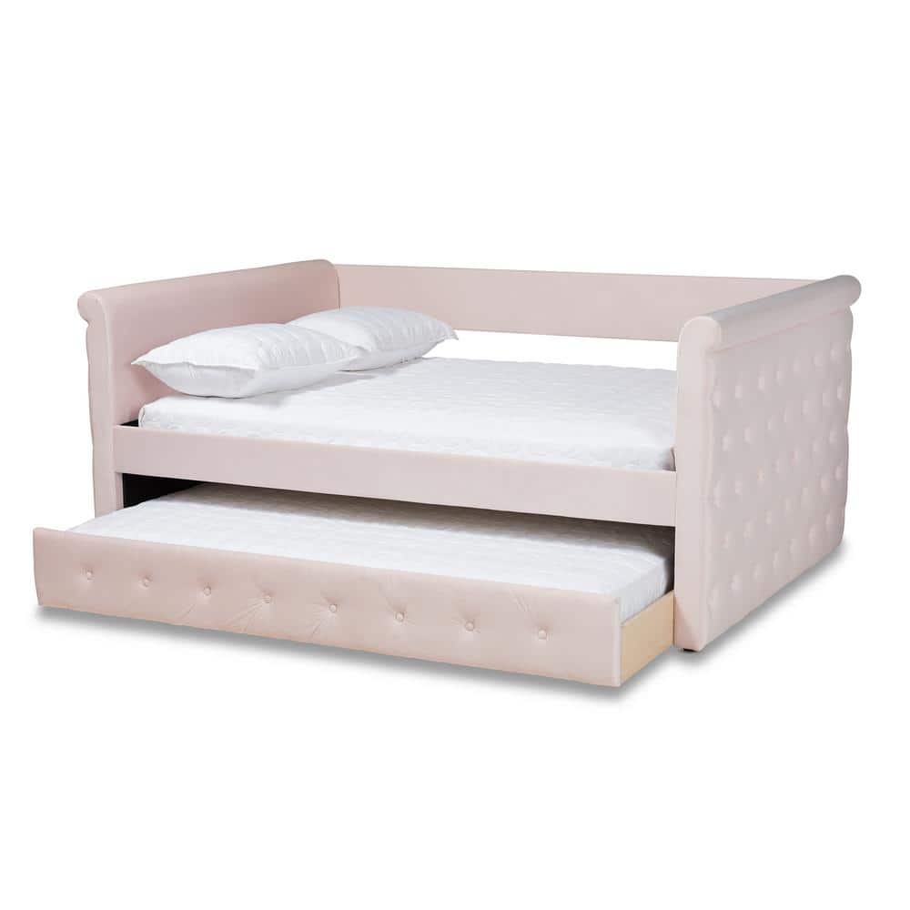 Light Pink Velvet Queen Daybed with Trundle and Tufted Upholstery