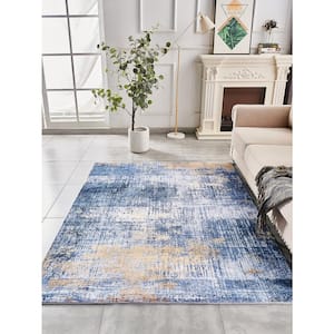 Blue Gold 3 ft. x 5 ft. Abstract Design Machine Washable Super Soft Area Rug