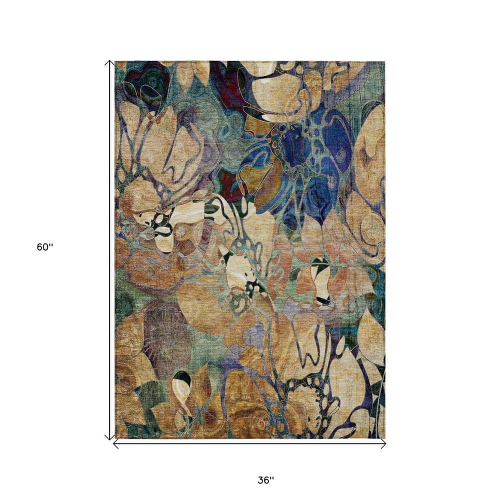 Beige and Blue Floral Synthetic Rectangular Outdoor Rug
