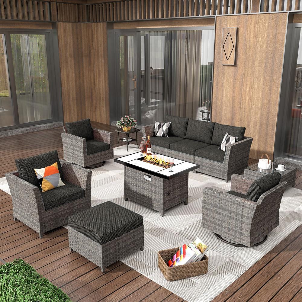 Vesta Gray 10-Piece Wicker Outerdoor Patio Rectangular Fire Pit Set with Black Cushions and Swivel Rocking Chairs price history on PriceWatchPro