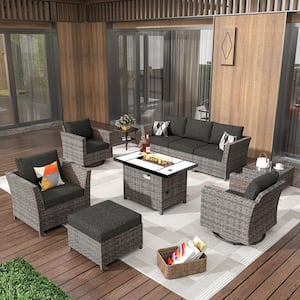 Vesta Gray 10-Piece Wicker Outerdoor Patio Rectangular Fire Pit Set with Black Cushions and Swivel Rocking Chairs