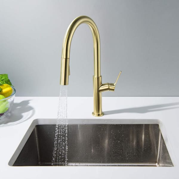 Fusion-T Single Handle Pull Down Kitchen Sink Faucet with Soap Dispenser-Brushed Gold