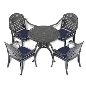 Isabella Cast Aluminum 5-Piece Outdoor Dining Set with 31.5 in. Round Table and Random Color Seat Cushions