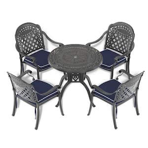 Isabella 5-Piece Cast Aluminum Outdoor Dining Set with 31.50 in. Round Table and Random Color Seat Cushions