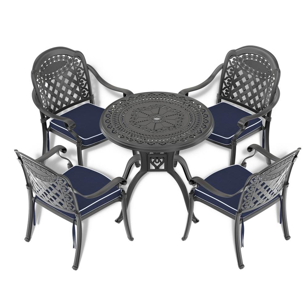 Isabella Black 5-Piece Cast Aluminum Outdoor Dining Set with Round Table and Dining Chairs and Random Color Seat Cushion -  Willit, SL-6008CZ4&1053