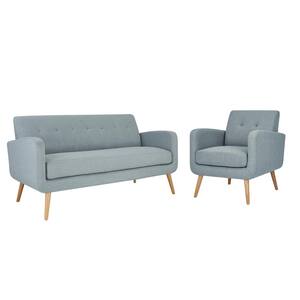 Kingston Mid Century Modern Sofa and Arm Chair Set in Light Blue Textured Linen