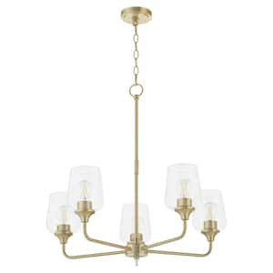 Raymond 60-Watt 5 Light Aged Brass Chandelier Light with Clear Glass Shade, No Light Bulb Included