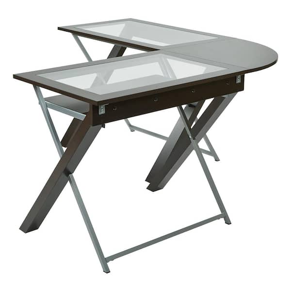 OSP Home Furnishings 59 in. L-Shaped Espresso/Silver Computer Desk with Keyboard Tray