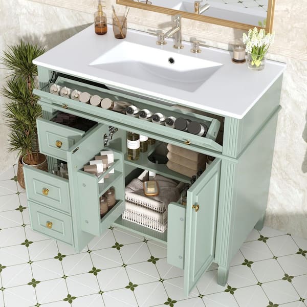 36 in. Single Sink Freestanding Green Bath Vanity with White Ceramic Top, 3-Drawers, Adjustable Shelf, Soft-Close Hinges