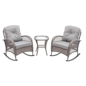 3-Piece PE Rattan Wicker Square Bistro Table and Rocking Chair Set Patio Outdoor Bistro Set with Gray Cushion