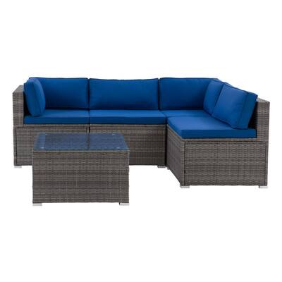 Parksville Blended Grey with Oxford Blue Cushions 5-Piece Rattan Patio Sectional Set