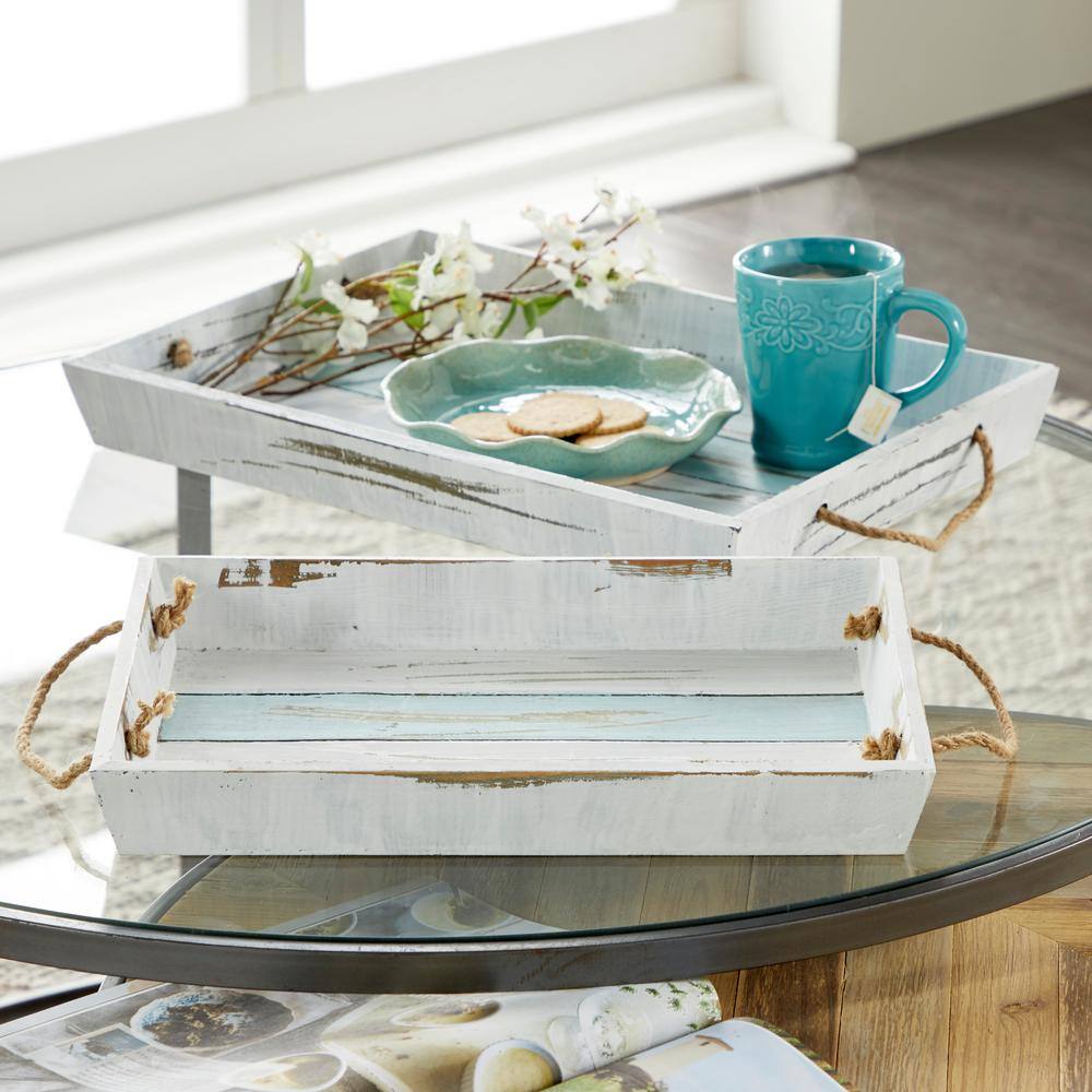 Nautical White and Blue Wood Rectangular Tray Set with Jute Handles