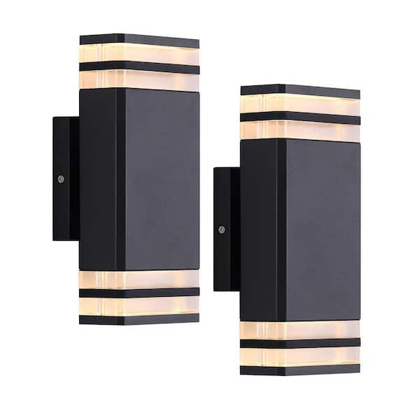 9.8 in. 1-Light Black 2-Tier Outdoor LED Rectangle Up and Down Wall Sconce