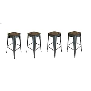 26 in. Brown and Gunmetal Backless Metal Counter Height Bar Chair with Wood Seat Set of 4