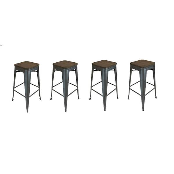 HomeRoots 26 in. Brown and Gunmetal Backless Metal Counter Height Bar Chair with Wood Seat Set of 4