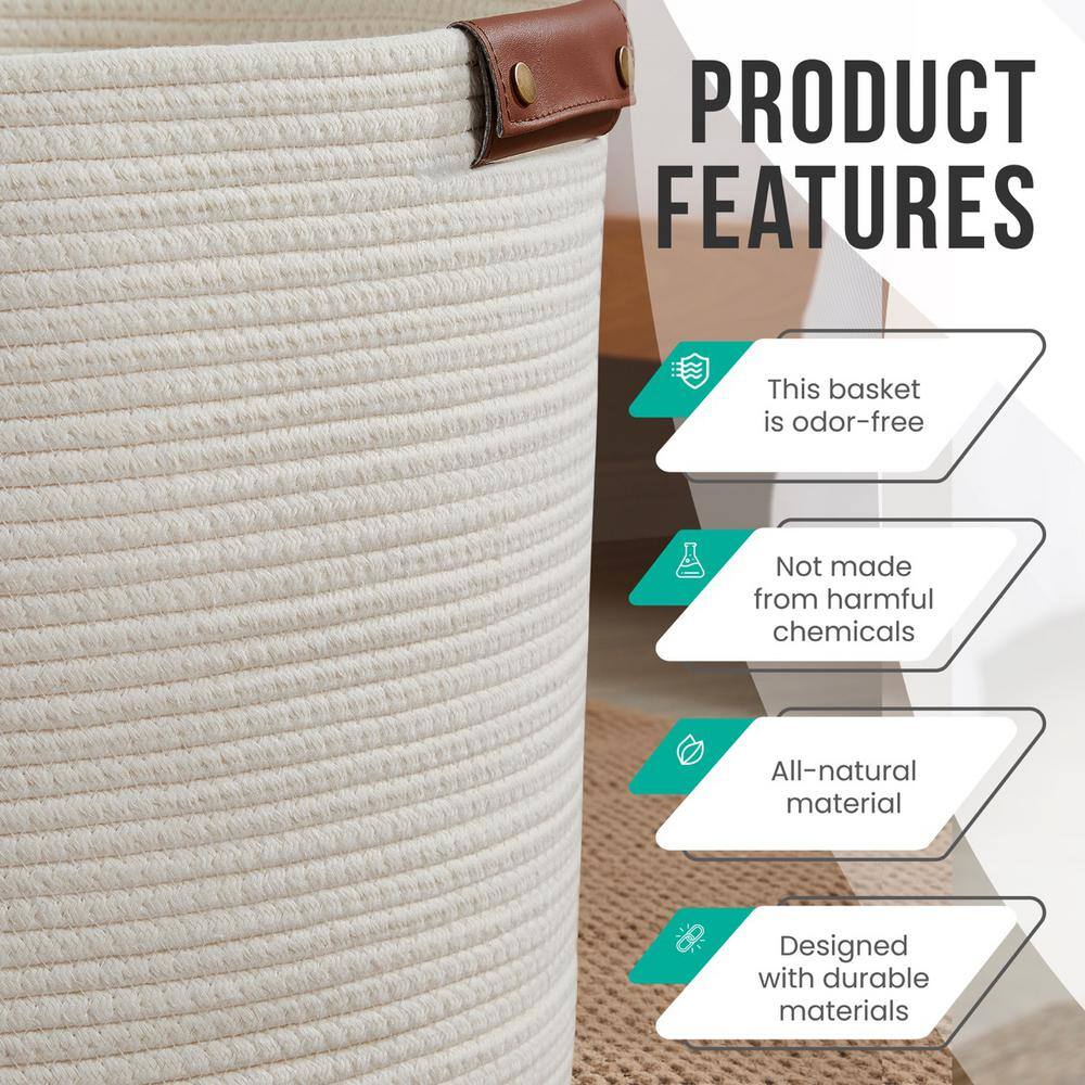 Cream Cotton Rope Laundry Hamper with Leather Handles