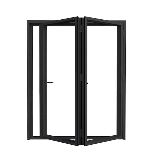 72 in. x 80 in. Right Swing/OutSwing Double Tempered Glass Black Aluminum Folding Patio Door (2-Folding)