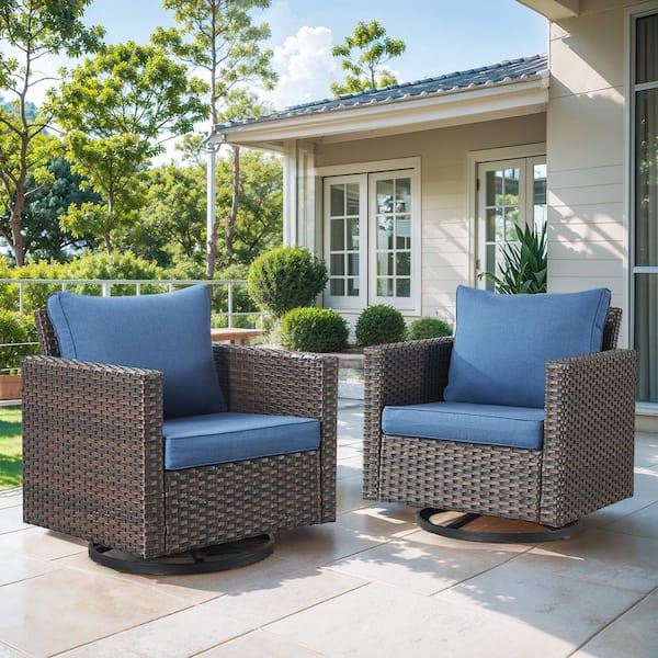 Bellefurn UvaNest 2-Piece Brown Wicker Outdoor Swivel Glider Rocking Chair with Blue Cushion and Deep Seating Set