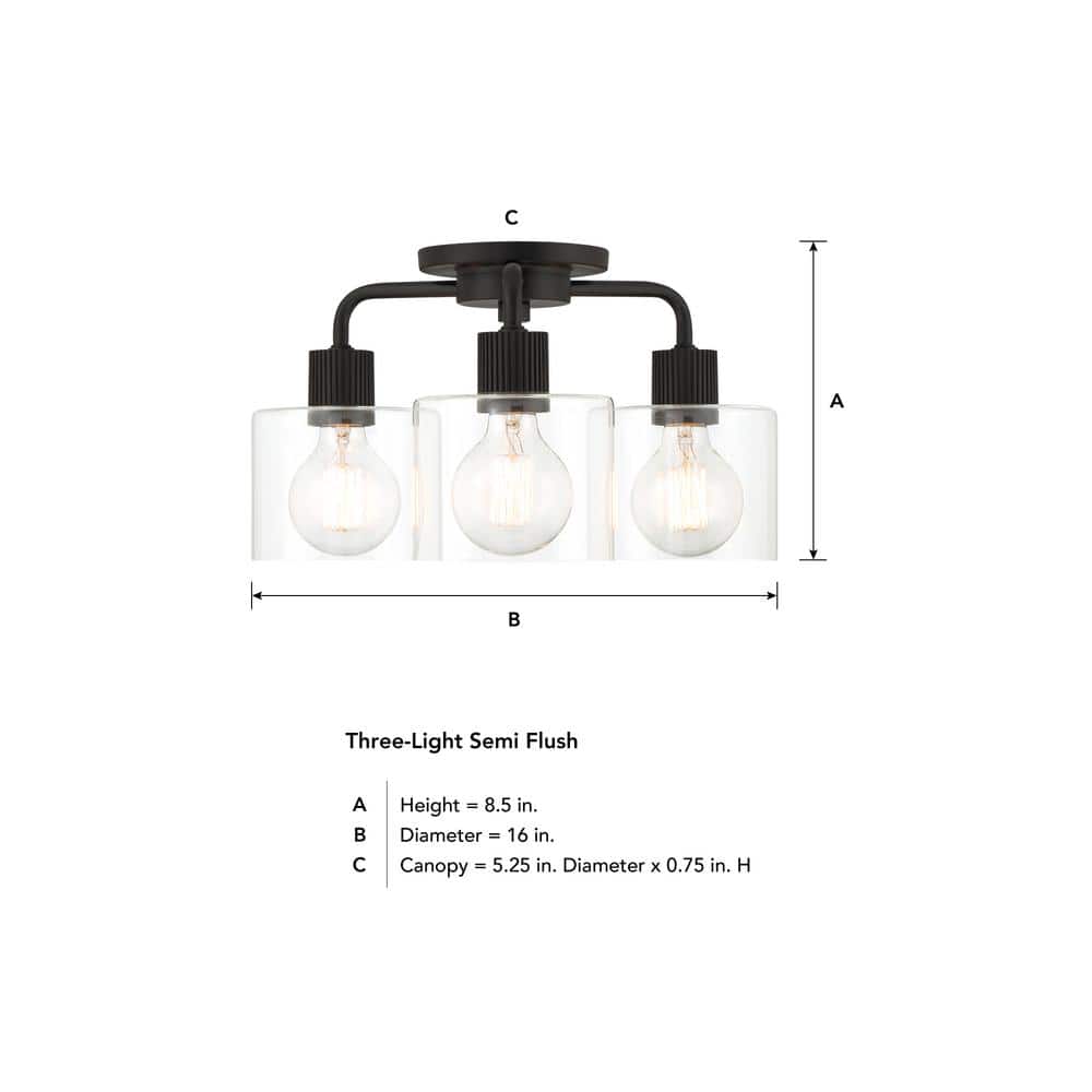 Vibrato Matte Black 3-Light Semi-Flush Mount Light