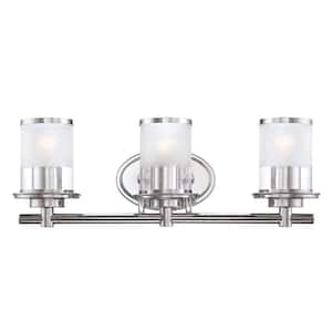 Essence 23.25 in. 3-Light Chrome Transitional Vanity with Frosted and Clear Edge Glass Shades