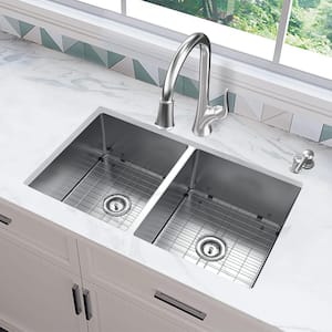 Tight Radius 31 in. Undermount 50/50 Double Bowl 18 Gauge Stainless Steel Kitchen Sink with Pull-Down Faucet