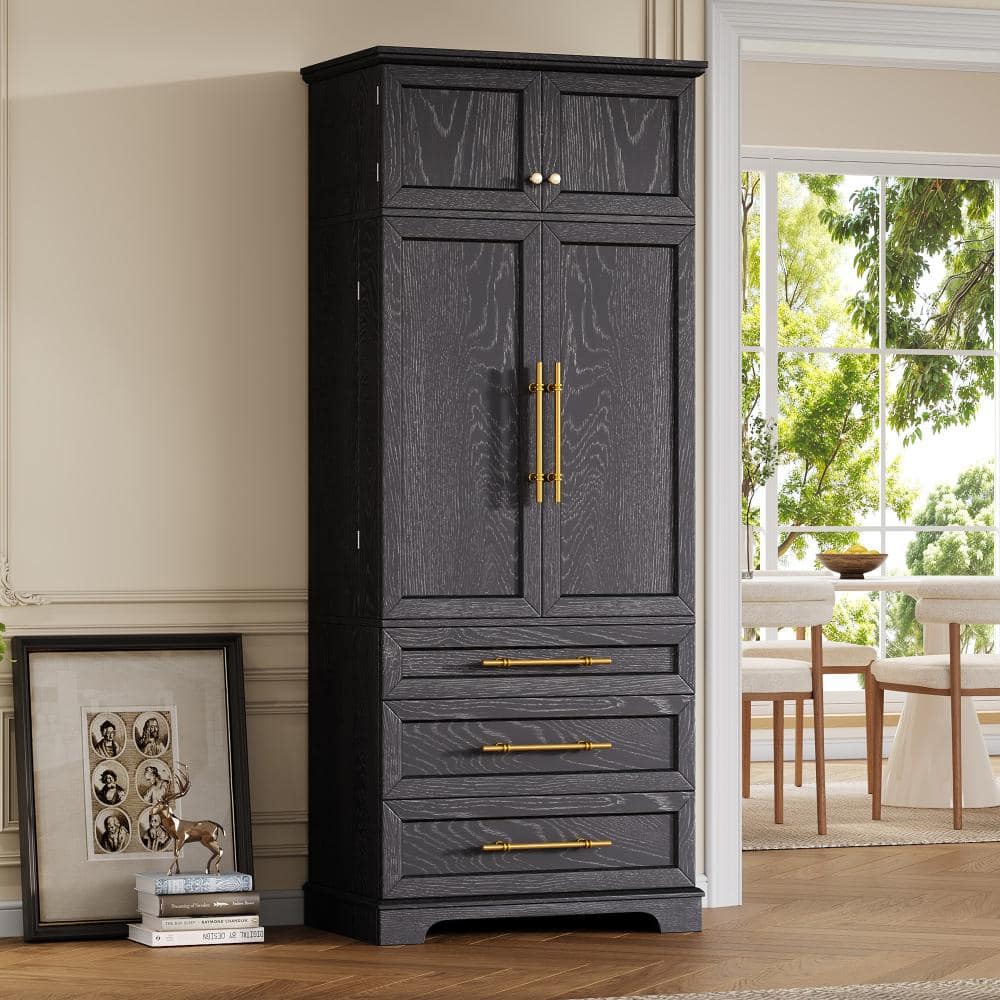 Black MDF 31.5 in. W x 78.2 in. H Farmhouse Kitchen Pantry Cabinet with 8 Door Shelves and 3 Large Drawers