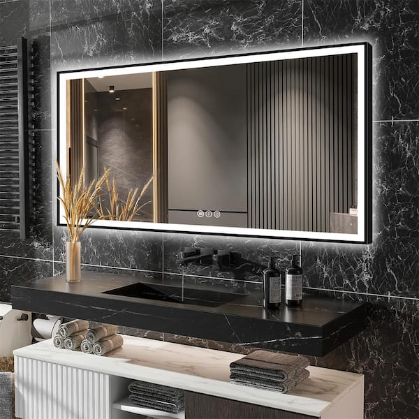 ExBrite LumiCont 72 in. W x 36 in. H Oversized Rectangular Black Framed Anti-Fog LED Wall Bathroom Vanity Mirror Lighted Mirror