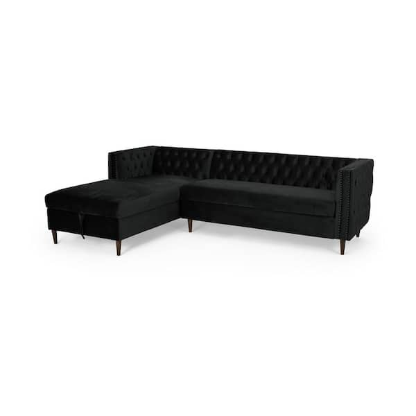 Noble House Holcomb 2-Piece Black Velvet 3-Seat L Shaped Left Facing Sectionals with Chaise