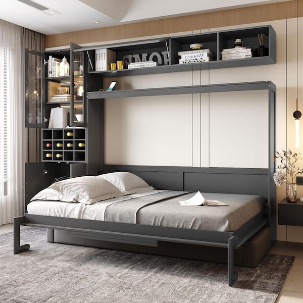 Gray Wood Frame Full Size Murphy Bed with Sofa, Shelves USB and Light