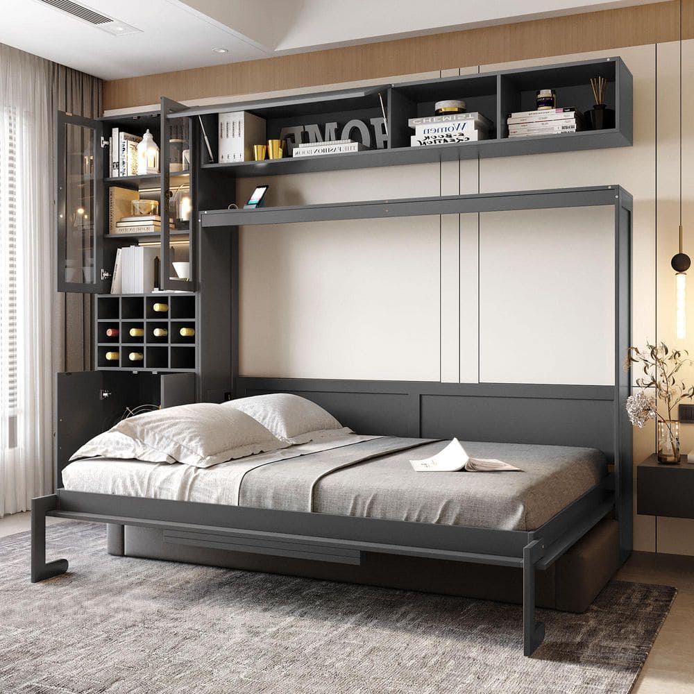 Window Height Bookcase Have a question about Polibi Gray Wood Frame Full Size Murphy Bed with ...