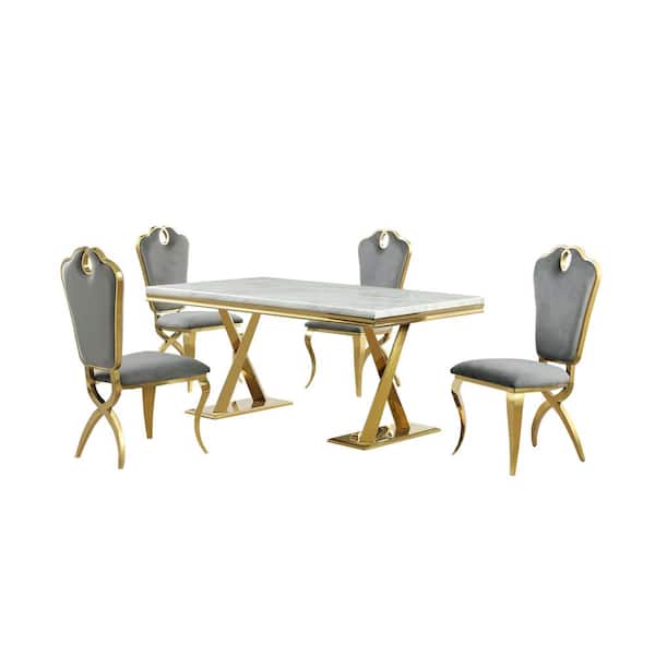 Best Master Furniture Lexim Faux Marble Dining Set in Gray/Gold (5-Piece)