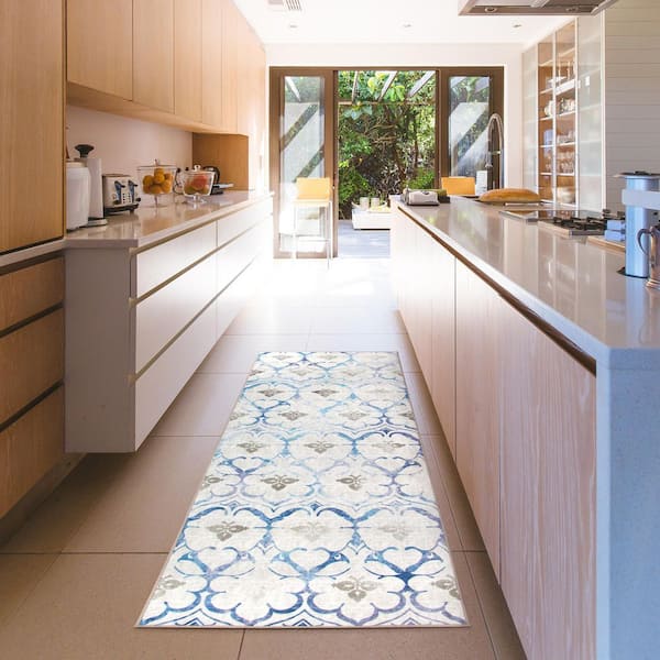 Leilani Damask Beige Blue 2.5 ft. x 7 ft. Machine Washable Runner Rug