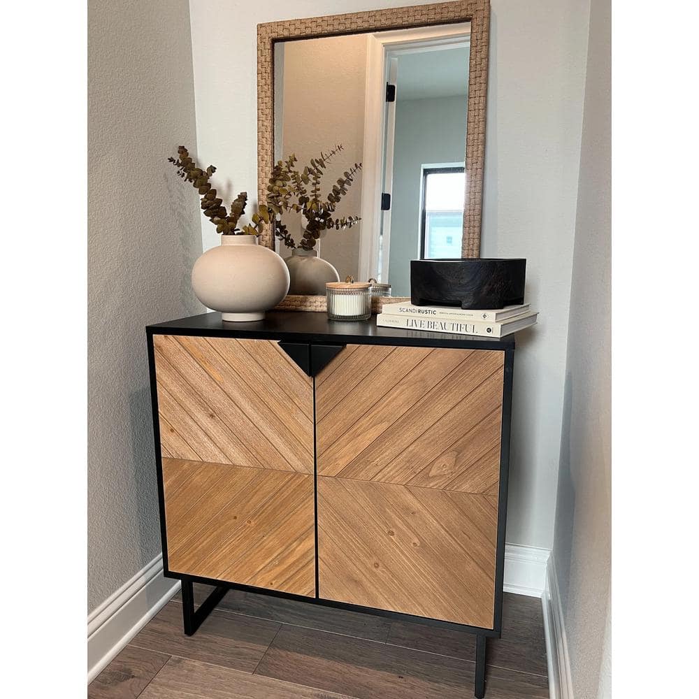 Matte Black and Brushed Fir Freestanding Storage Cabinet