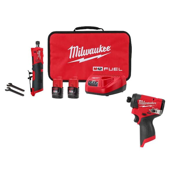 M12 FUEL 12V Lithium-Ion Brushless Cordless 1/4 in. Straight Die Grinder Kit with Impact Driver and Batteries