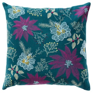 Holiday Teal/Hot Pink Poinsettias Cotton 20 in. x 20 in. Poly Filled Decorative Throw Pillow