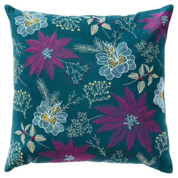Rizzy Home Holiday Teal/Hot Pink Poinsettias Cotton 20 in. x 20 in. Poly Filled Decorative Throw Pillow