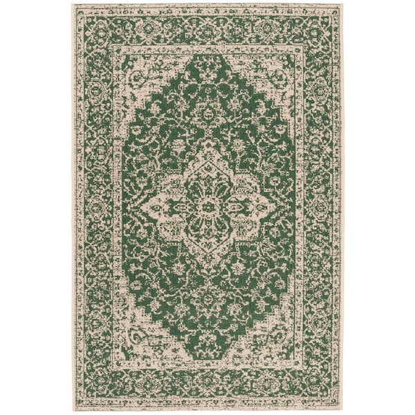 SAFAVIEH Beach House Green/Cream Doormat 3 ft. x 5 ft. Border Floral Indoor/Outdoor Patio Area Rug