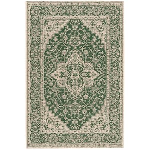 Beach House Green/Cream 4 ft. x 6 ft. Oriental Indoor/Outdoor Patio  Area Rug