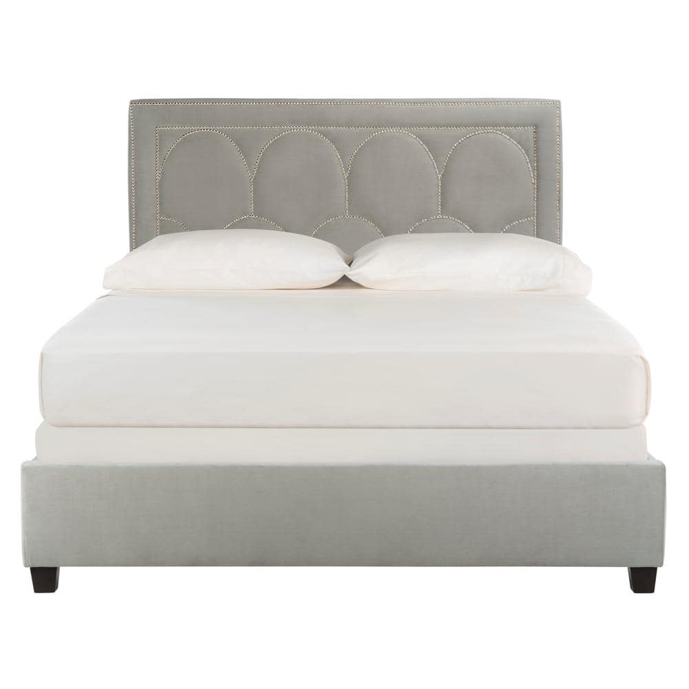 Elegant Transitional Queen Platform Bed in Plush Grey Velvet with Nailhead Trim