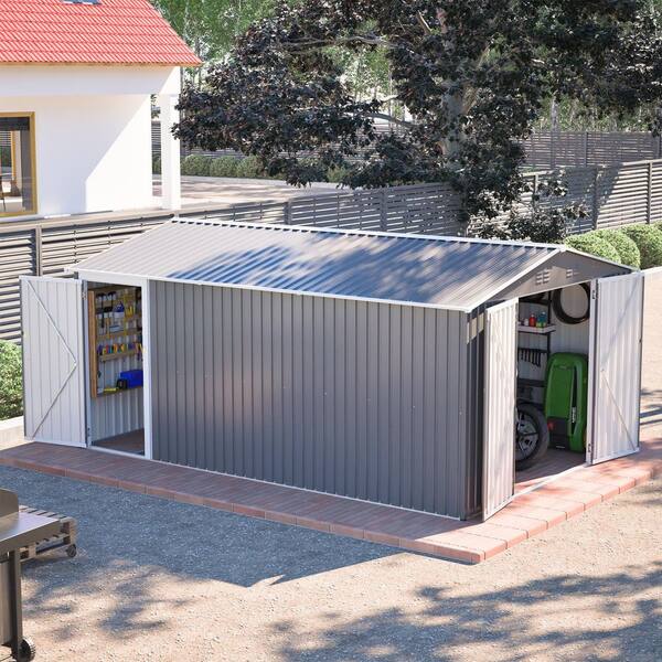 VAMOP 10 ft. W x 14 ft. D Metal Shed with 3 Lockable Doors, Side