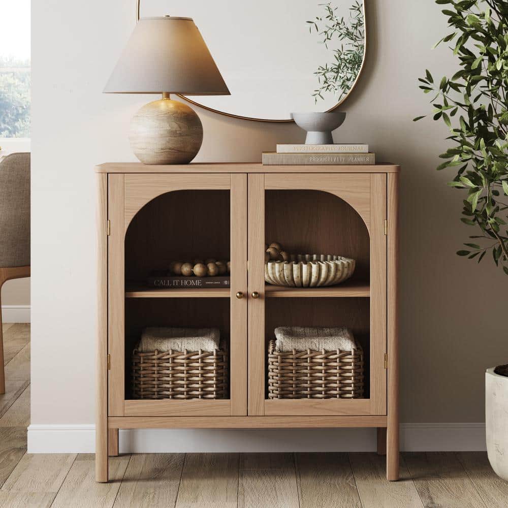Raw Oak Modern Farmhouse Sideboard Buffet with Glass Doors